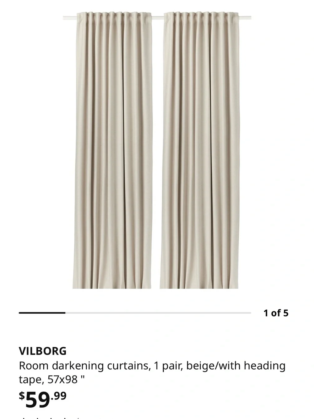 IKEA VILBORG Beige Room Darkening Curtains 57x98 - 2 Panels